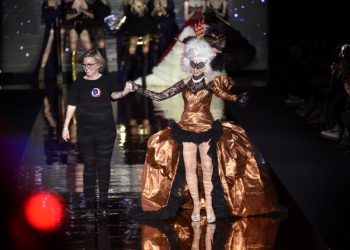 Actress Victoria Abril and designer Nuria Sarda wears at collection runway a creation from Andres Sarda during Pasarela Cibeles - Mercedes-Benz Fashion Week Madrid 2017, in Madrid, on Saturday 18h February, 2017.