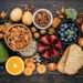 Ingredients for the healthy foods selection. The concept of healthy food set up on wooden background.